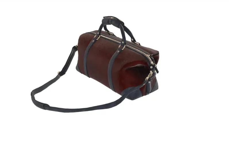 A 3D rendering service example showing a leather travel bag with detailed textures.