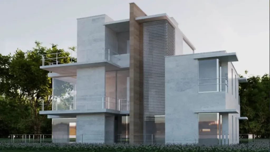 A 3D rendering service showcasing a modern concrete building with windows.