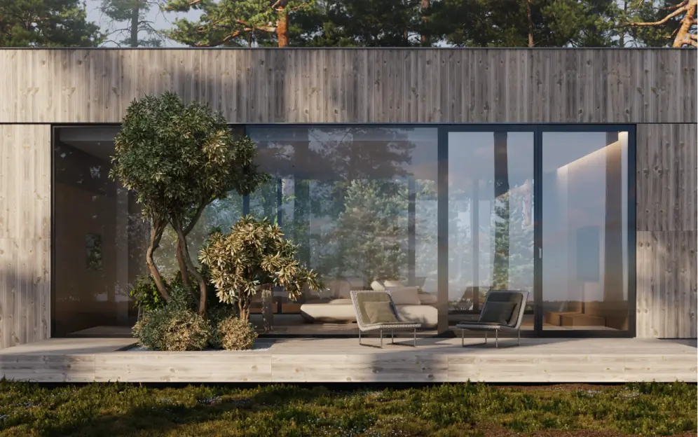 This is a 3D rendering service example of a modern wooden house with large glass windows.