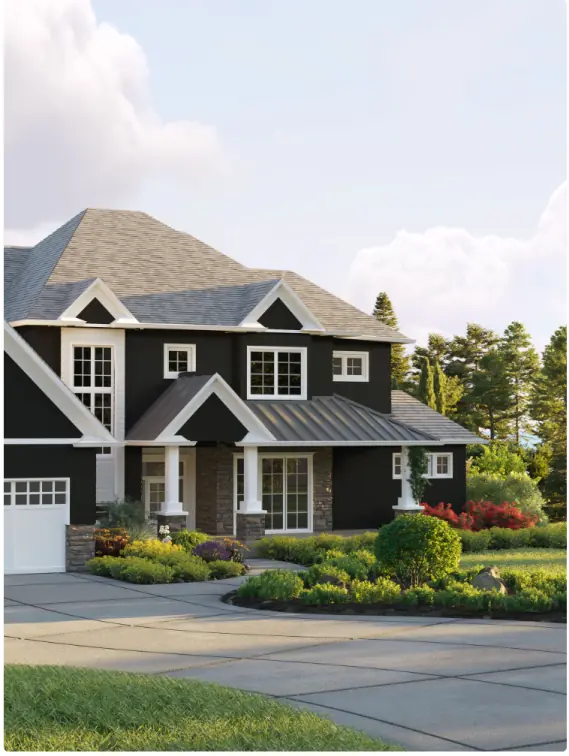 A 3D rendering service featuring a suburban home with garden landscape.