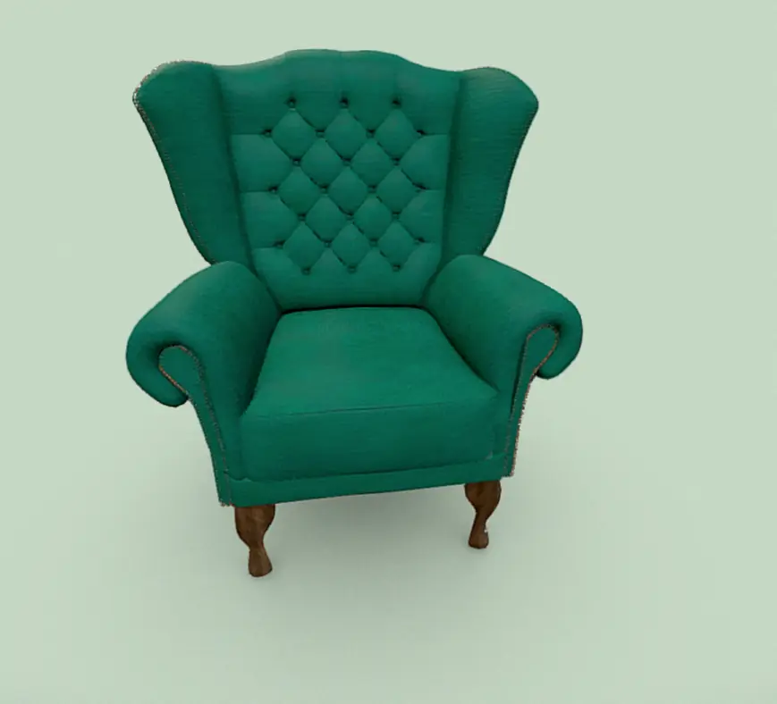 A green armchair with detailed 3D texturing service, featuring a classic tufted back and elegant curves.