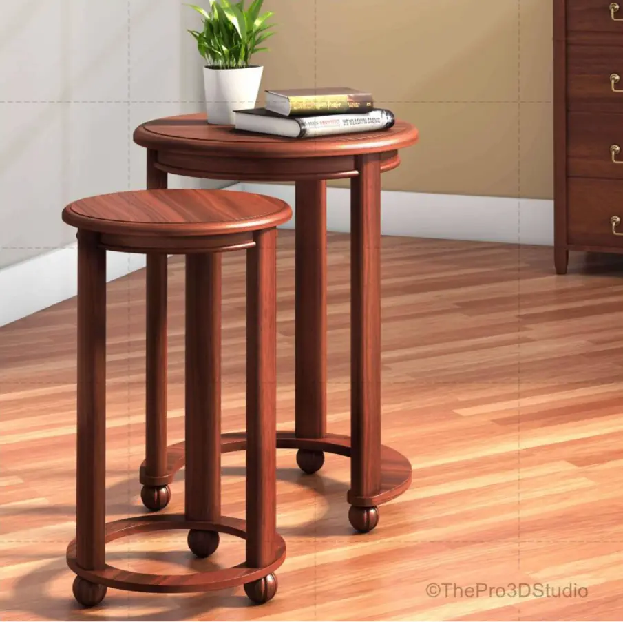 Two wooden nesting tables textured with a 3D texturing service, ideal for practical interior decor.