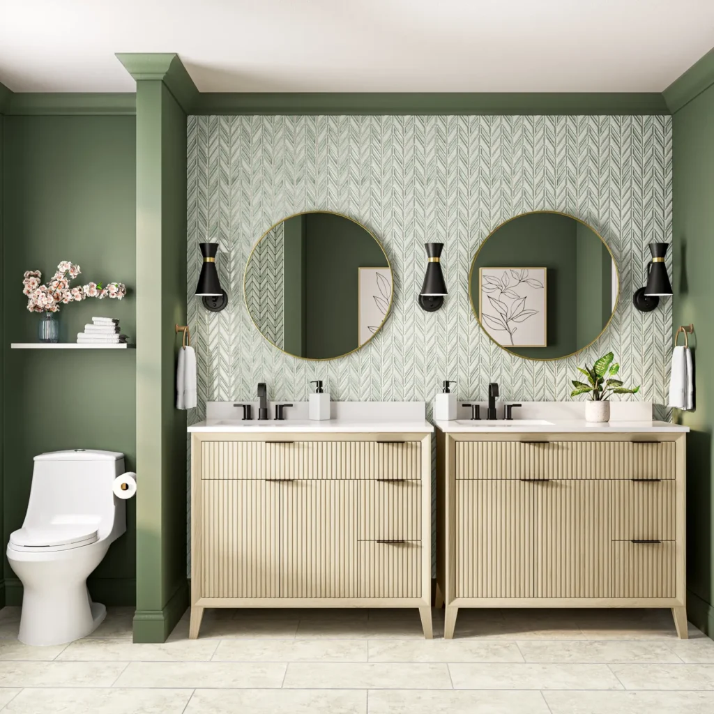 A dual vanity green modern bathroom in a bath rendering.