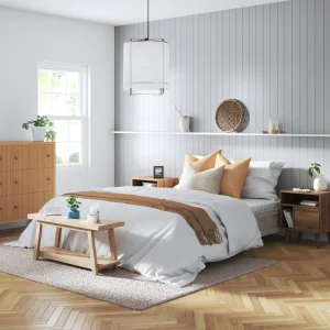 Bedroom 3d rendering showing soft lighting and decor.
