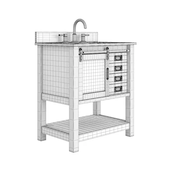 CGI cost analysis showing a wireframe model of a sink cabinet for product design.