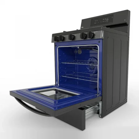 Electric range product render showing the open appliance for consumer electronics.