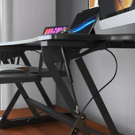 Closeup of standing desk in ergonomic product visualization.