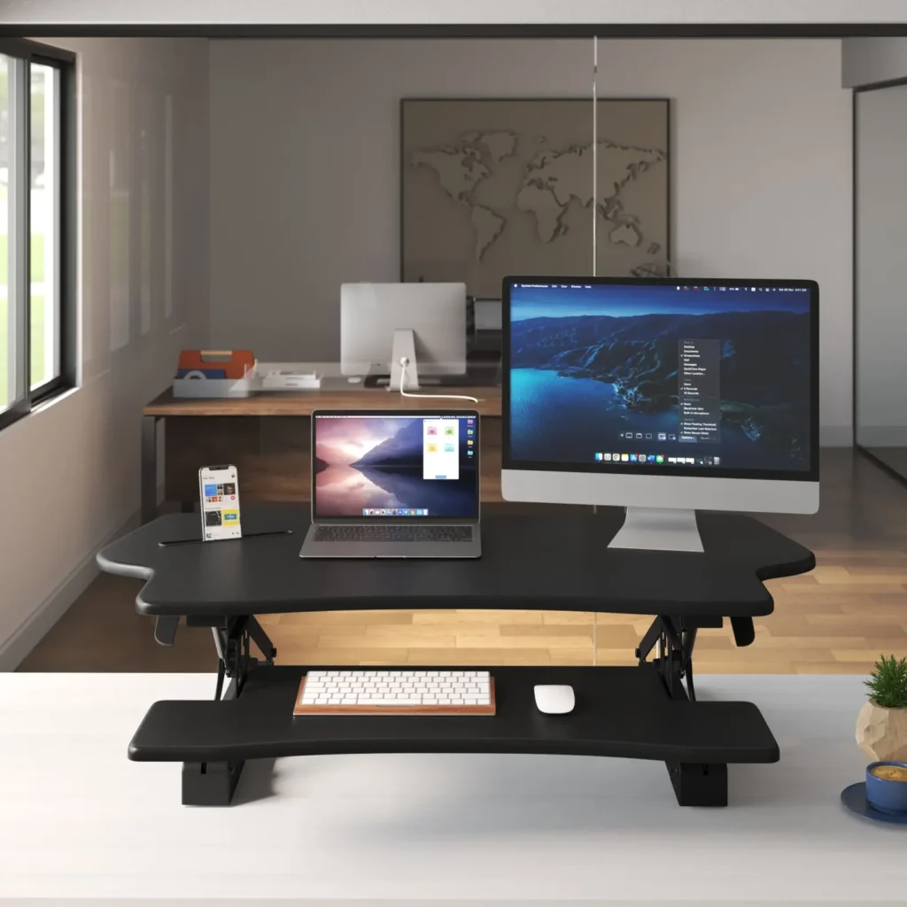 Modern office desk setup in ergonomic product visualization.