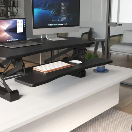 Sleek desk featured in ergonomic product visualization for modern office.