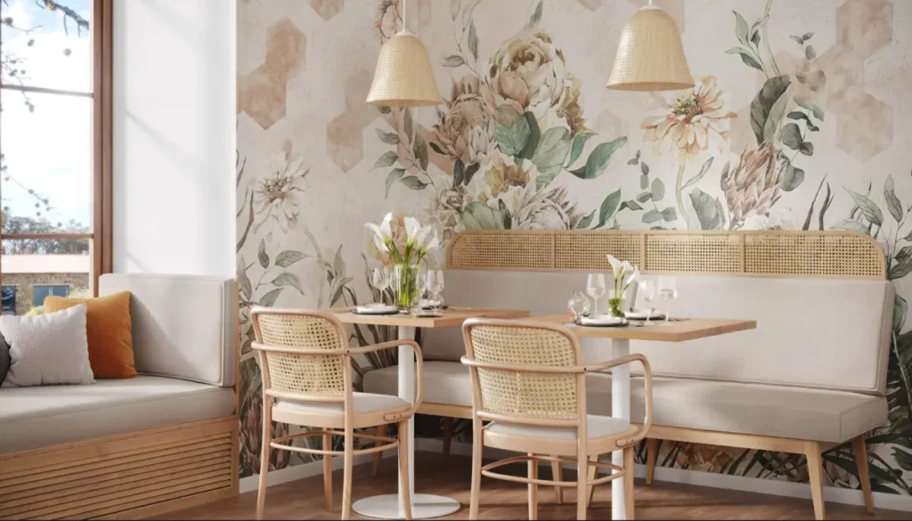 A cozy dining space with soft lighting, created using furniture modeling for restaurant decor.