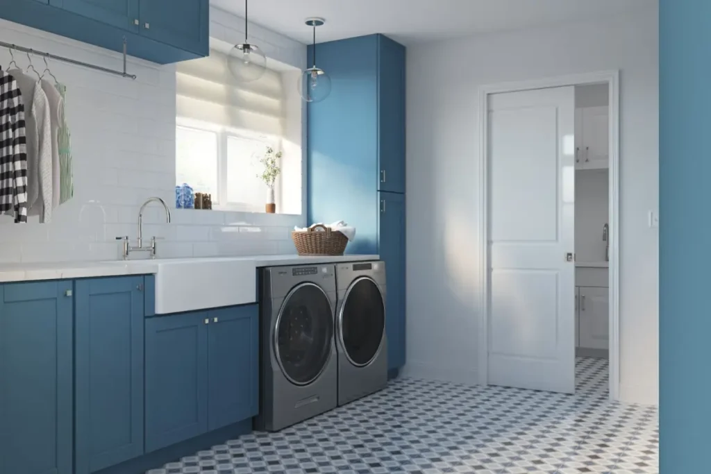 A laundry room setup shown using home appliance 3D rendering.