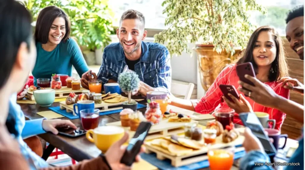 Friends gathered at a breakfast table, enjoying food and using their phones, captured in lifestyle photography.