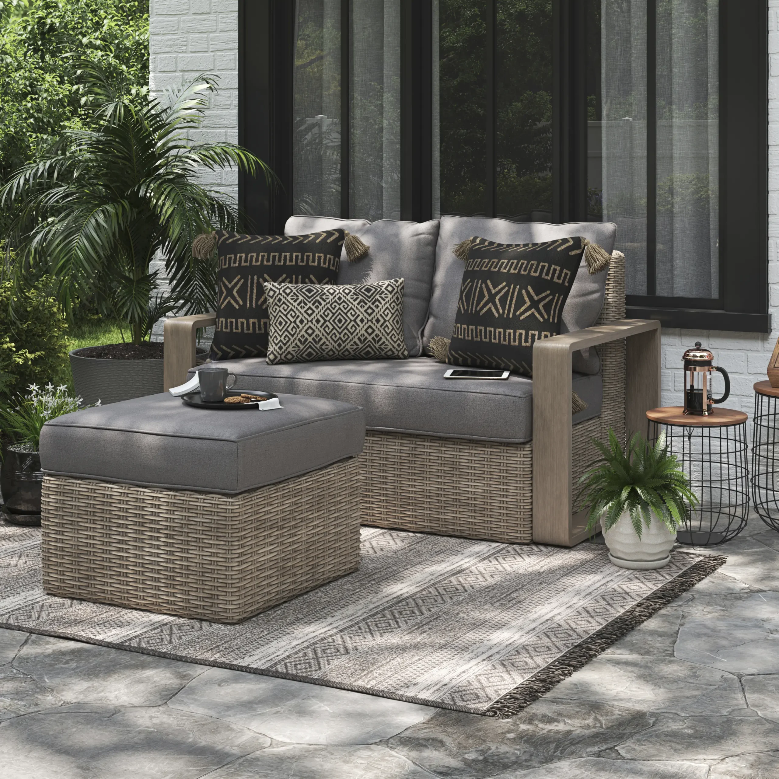 Outdoor wicker furniture scene render for patio and exterior design.