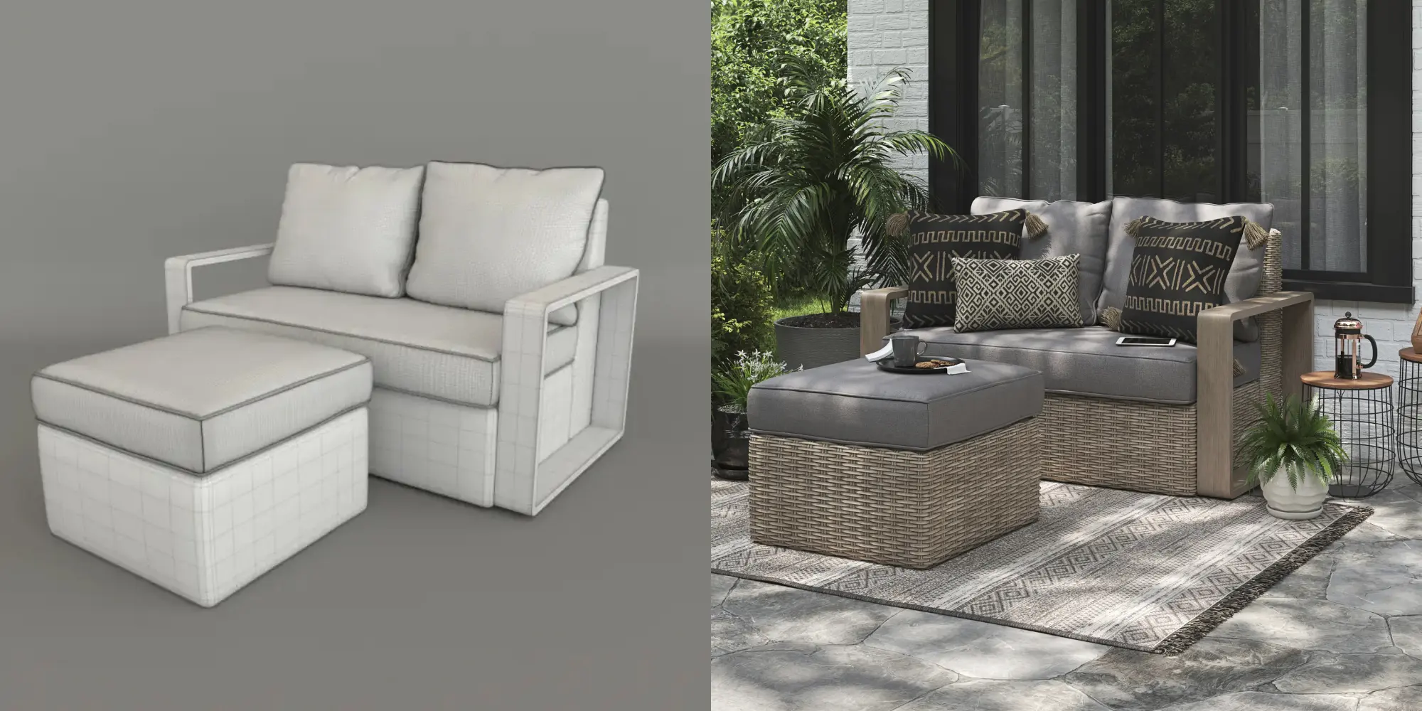 Outdoor wicker furniture scene render for patio and exterior design.