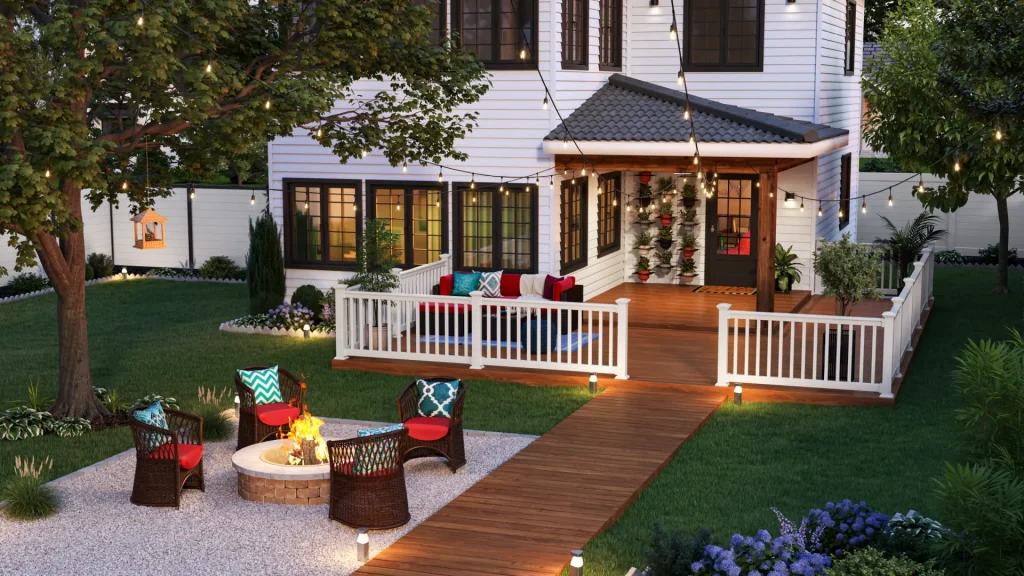 Backyard design created using top exterior rendering service for homes.