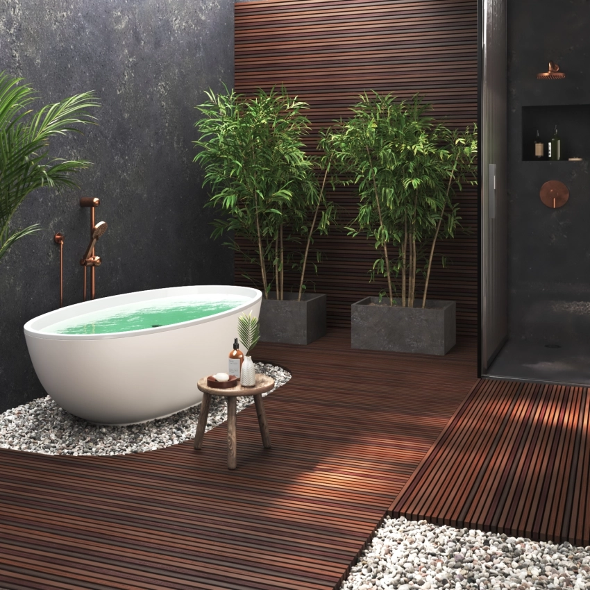 A cozy and stylish bathroom with modern design elements, emphasizing a comfortable lifestyle