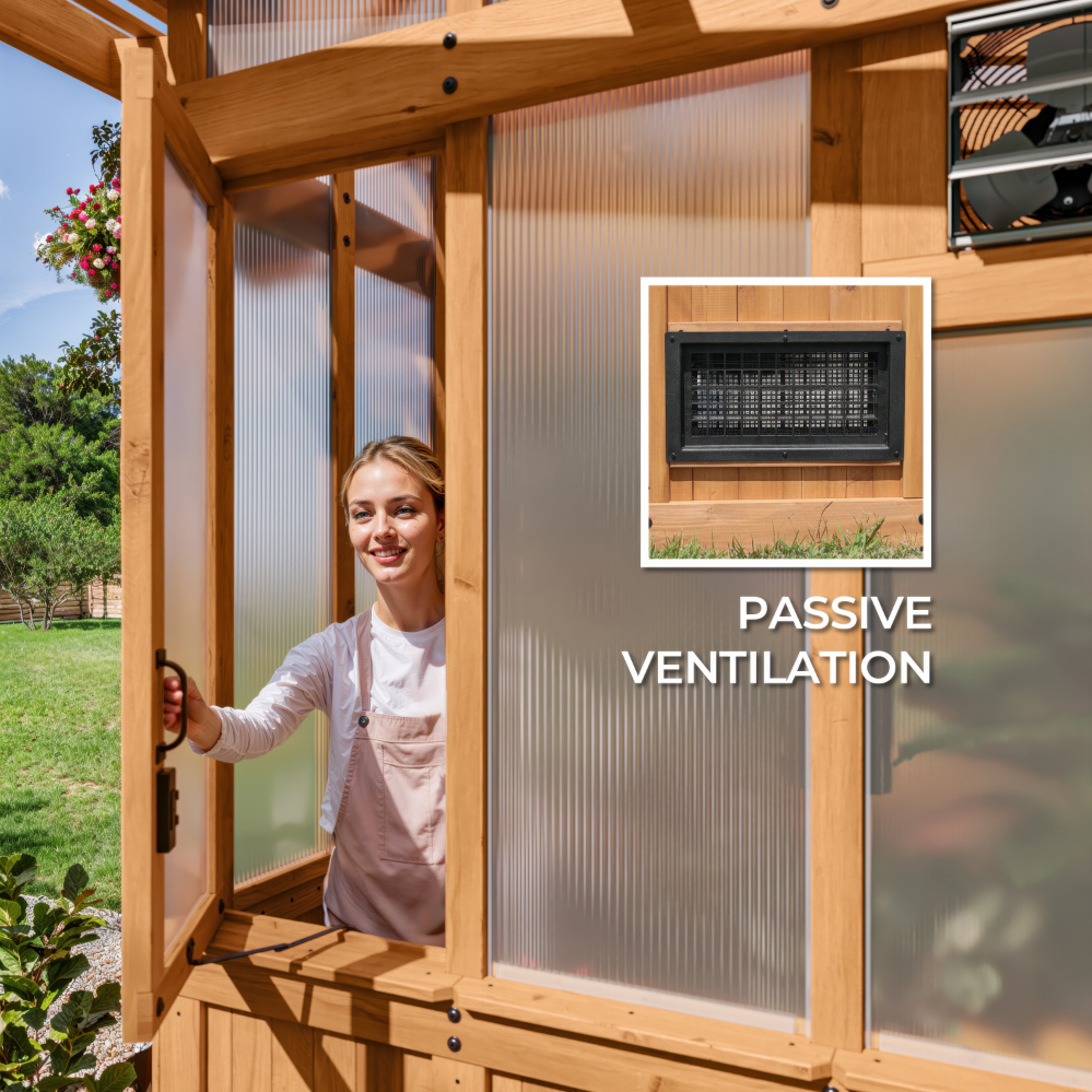 A smiling woman stands inside a wooden-framed greenhouse, opening the door. A small inset image highlights the black passive ventilation vent on the greenhouse wall, demonstrating an efficient airflow system.