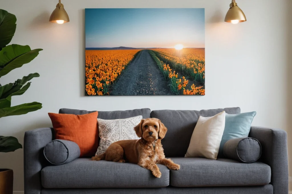 A small brown dog relaxing on a modern gray sofa, with a large floral field print hanging on the wall.