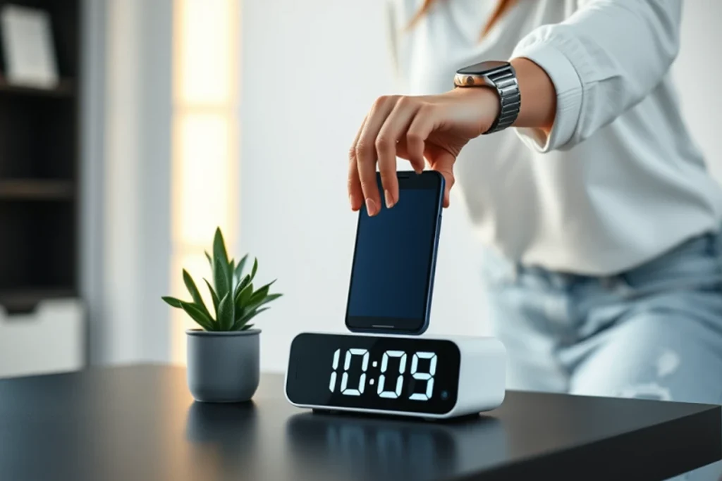 A woman placing a smartphone on a sleek digital alarm clock with wireless charging capability