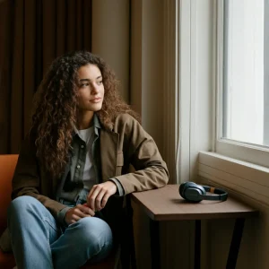 A young man in a teal hoodie smiling while adjusting wireless earbuds in his ears.